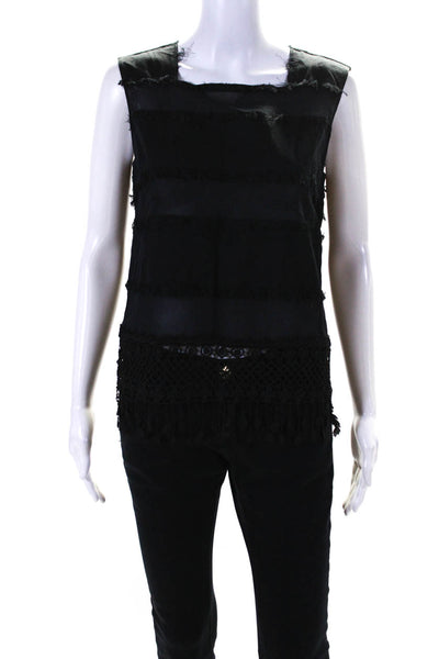 Elie Tahari Womens Sleeveless Fringe Square Neck Lace Trim Top Black Size Small