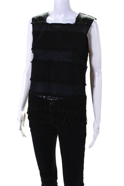 Elie Tahari Womens Sleeveless Fringe Square Neck Lace Trim Top Black Size Small