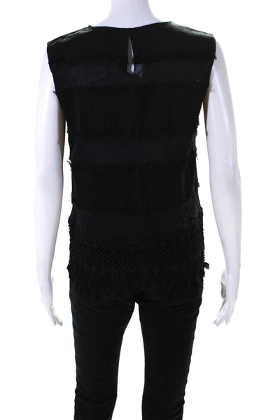 Elie Tahari Womens Sleeveless Fringe Square Neck Lace Trim Top Black Size Small