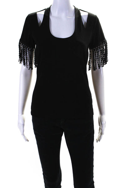 T Tahari Womens Short Fringe Sleeve Cold Shoulder Knit Top Black Size Small