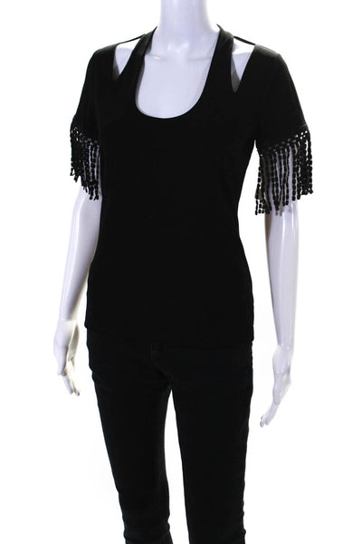 T Tahari Womens Short Fringe Sleeve Cold Shoulder Knit Top Black Size Small