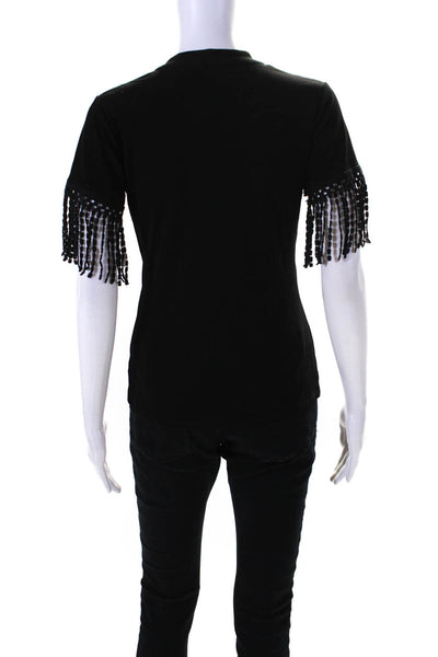 T Tahari Womens Short Fringe Sleeve Cold Shoulder Knit Top Black Size Small