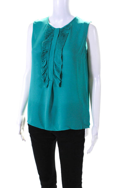 Elie Tahari Womens Sleeveless Scoop Neck Pintuck Silk Top Teal Size Small