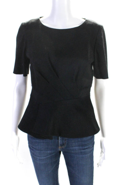 Elie Tahari Womens Wool Short Sleeve Pleated Peplum Blouse Black Size S