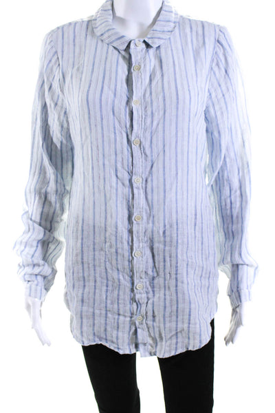 CP Shades Womens Long Sleeve Stripe Button Up Top Blouse Light Blue Linen Small