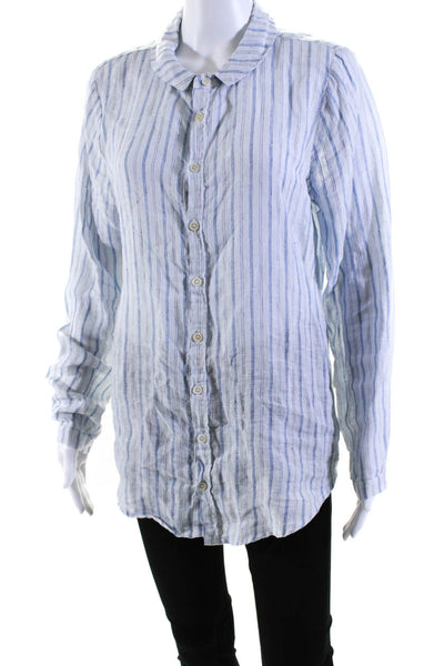 CP Shades Womens Long Sleeve Stripe Button Up Top Blouse Light Blue Linen Small