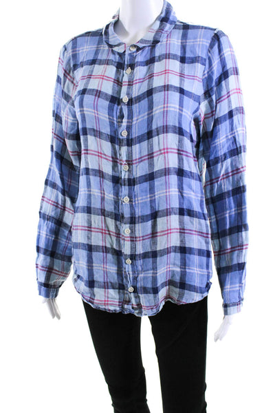 CP Shades Womens Long Sleeve Plaid Button Up Top Blouse Red Blue Linen Small