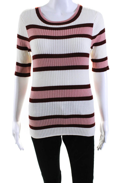 Frame Womens Ribbed Stripe Short Sleeve Sweater Pink Red White Size Medium