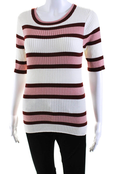 Frame Womens Ribbed Stripe Short Sleeve Sweater Pink Red White Size Medium