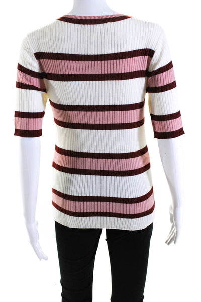 Frame Womens Ribbed Stripe Short Sleeve Sweater Pink Red White Size Medium