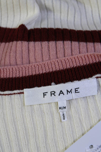 Frame Womens Ribbed Stripe Short Sleeve Sweater Pink Red White Size Medium