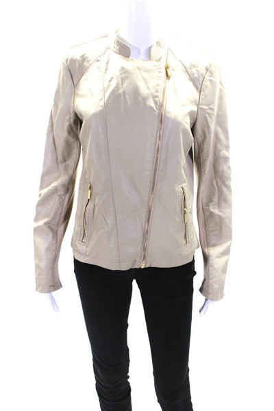 Calvin Klein Womens Beige Vegan Leather Full Zip Long Sleeve Jacket Size S