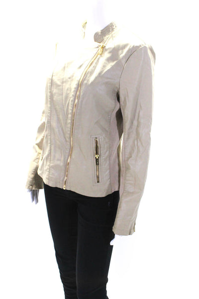 Calvin Klein Womens Beige Vegan Leather Full Zip Long Sleeve Jacket Size S