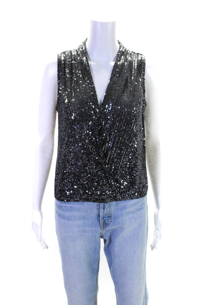 Heartloom Womens Surplice Plunge Neck Sequin Tank Top Blouse Black Silver Small