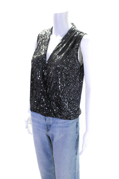 Heartloom Womens Surplice Plunge Neck Sequin Tank Top Blouse Black Silver Small