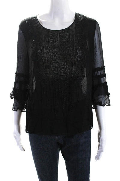 Elie Tahari Womens 3/4 Sleeve Scoop Neck Lace Sheer Silk Top Black Size Small