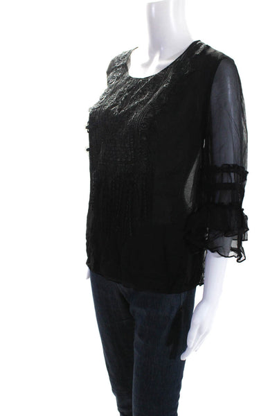 Elie Tahari Womens 3/4 Sleeve Scoop Neck Lace Sheer Silk Top Black Size Small