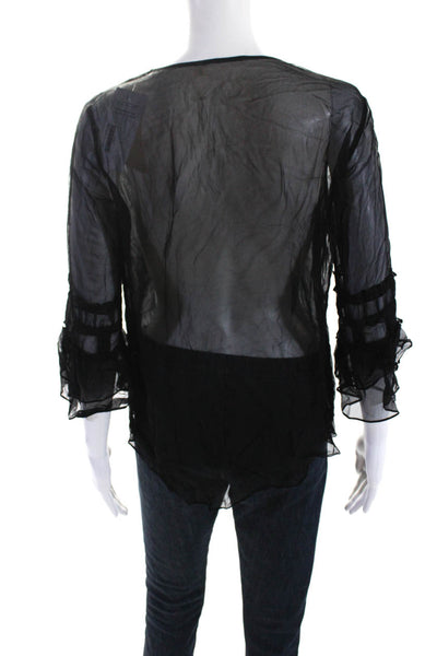 Elie Tahari Womens 3/4 Sleeve Scoop Neck Lace Sheer Silk Top Black Size Small