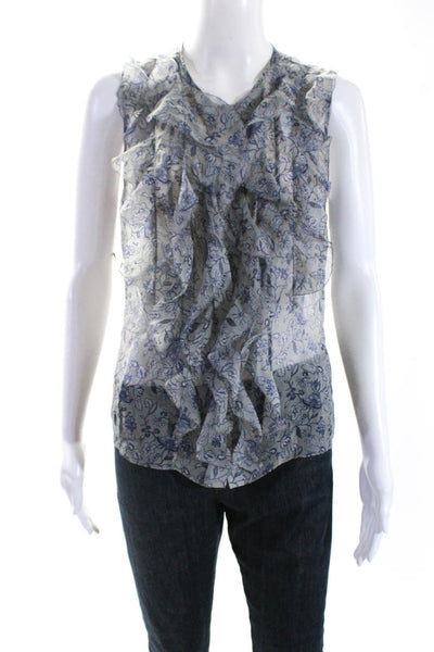 Elie Tahari Womens Sleeveless Ruffled Keyhole Silk Floral Top Gray Blue Small