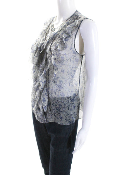 Elie Tahari Womens Sleeveless Ruffled Keyhole Silk Floral Top Gray Blue Small