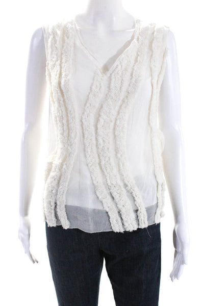 Elie Tahari Womens Sleeveless V Neck Chiffon Fringe Overlay Top White Size Small