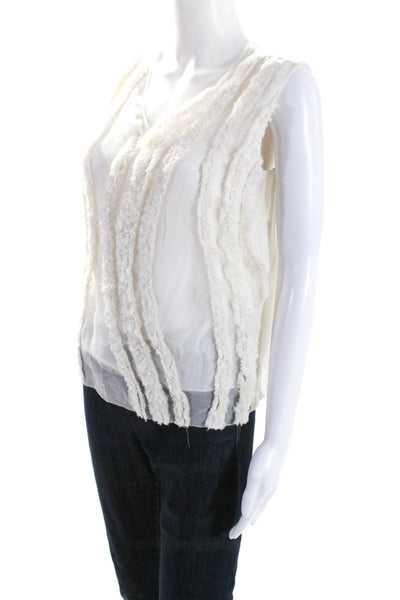 Elie Tahari Womens Sleeveless V Neck Chiffon Fringe Overlay Top White Size Small