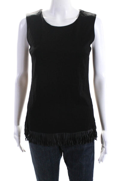 Tahari Womens Back Zip Sleeveless Crew Neck Fringe Top Black Size Small