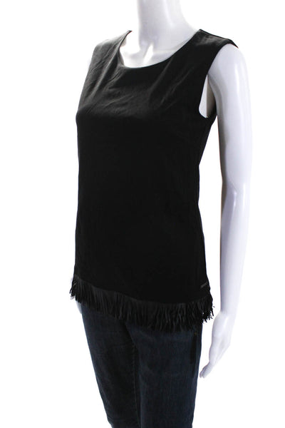 Tahari Womens Back Zip Sleeveless Crew Neck Fringe Top Black Size Small