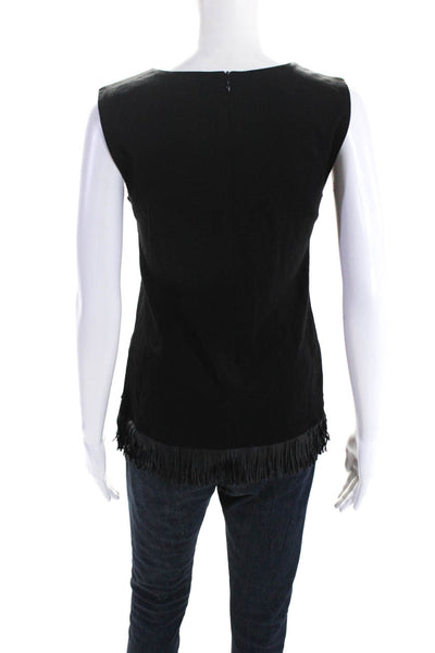 Tahari Womens Back Zip Sleeveless Crew Neck Fringe Top Black Size Small