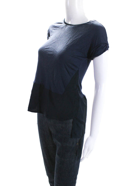 T Tahari Womens Short Sleeve Scoop Neck Knit Blouse Top Navy Size Small