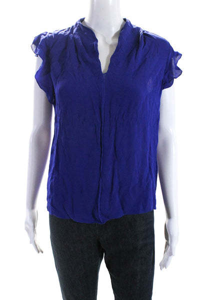 Elie Tahari Womens Ruffled Short Sleeve V Neck Silk Top Blouse Blue Size Small