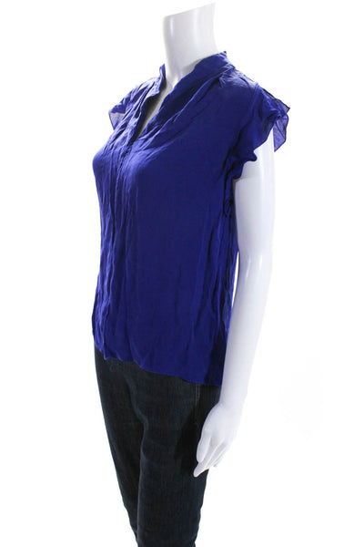 Elie Tahari Womens Ruffled Short Sleeve V Neck Silk Top Blouse Blue Size Small