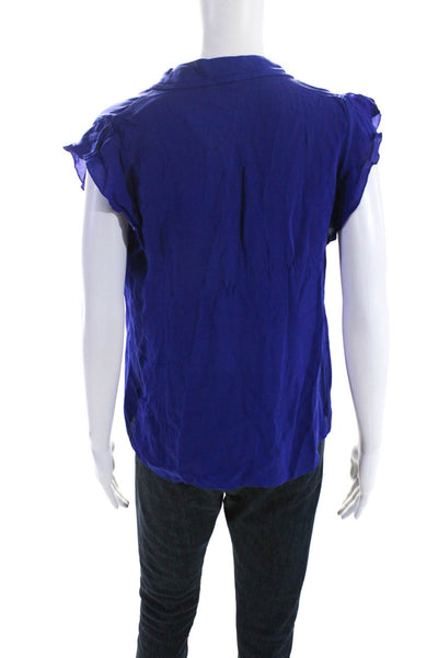 Elie Tahari Womens Ruffled Short Sleeve V Neck Silk Top Blouse Blue Size Small