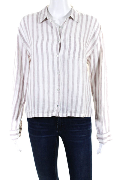 Rachel Zoe Womens Linen Striped Button Down Blouse White Purple Size M