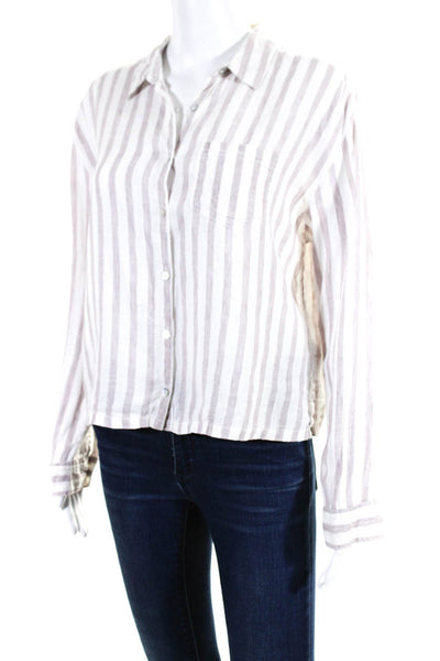 Rachel Zoe Womens Linen Striped Button Down Blouse White Purple Size M