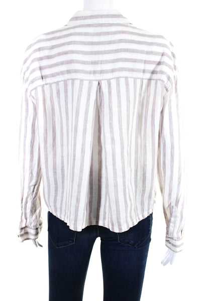 Rachel Zoe Womens Linen Striped Button Down Blouse White Purple Size M