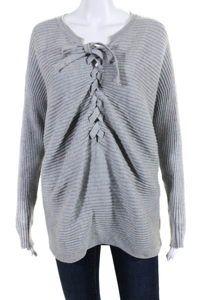 Designers, Remix Womens Ribly String Lace Up Y Neck Sweater Gray Size Small