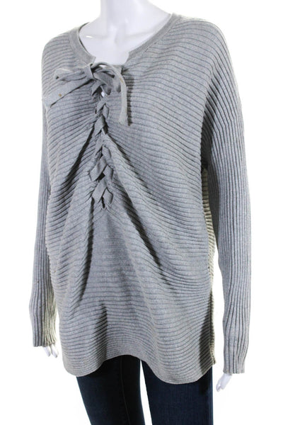 Designers, Remix Womens Ribly String Lace Up Y Neck Sweater Gray Size Small