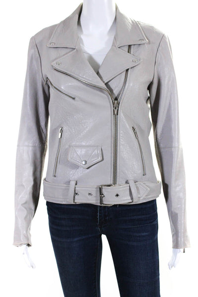 Veda Womens Asymmetrical Leather Belted Moto Jacket Gray Size Small