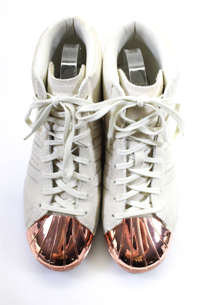 Adidas Womens Rose Gold Tone Metal Cap Toe High Top Sneakers Ecru Sued Shop Linda s Stuff