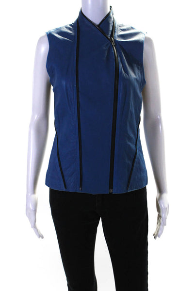 Elie Tahari Womens Leather Full Zipper Sleeveless Vest Jacket Blue Size Small