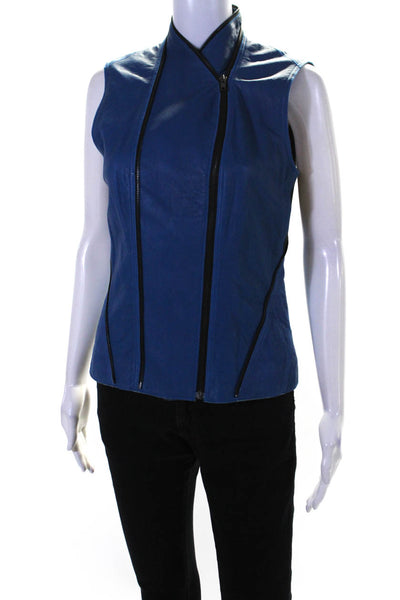 Elie Tahari Womens Leather Full Zipper Sleeveless Vest Jacket Blue Size Small