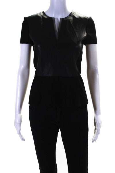 Elie Tahari Womens Leather Pleated Button Short Sleeves Blouse Black Size Small