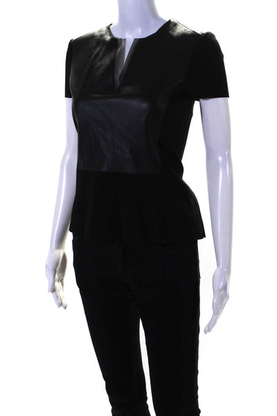 Elie Tahari Womens Leather Pleated Button Short Sleeves Blouse Black Size Small