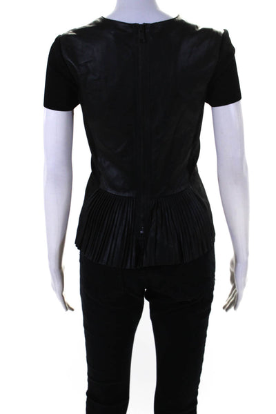 Elie Tahari Womens Leather Pleated Button Short Sleeves Blouse Black Size Small