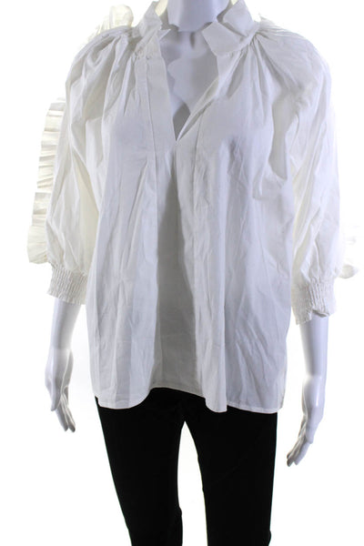 Karlie Womens Cotton Long Sleeve Ruffled Trim V-Neck Blouse Top White Size M