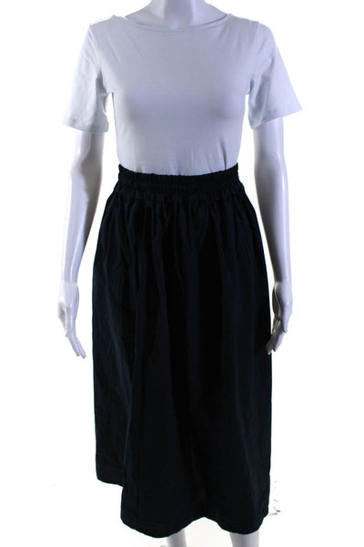 B.yu Womens Cotton Smocked Waist Unlined Mid Calf A-Line Skirt Navy Blue Size M