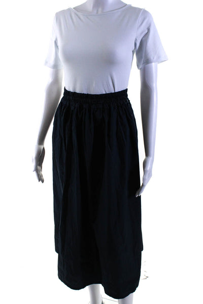 B.yu Womens Cotton Smocked Waist Unlined Mid Calf A-Line Skirt Navy Blue Size M