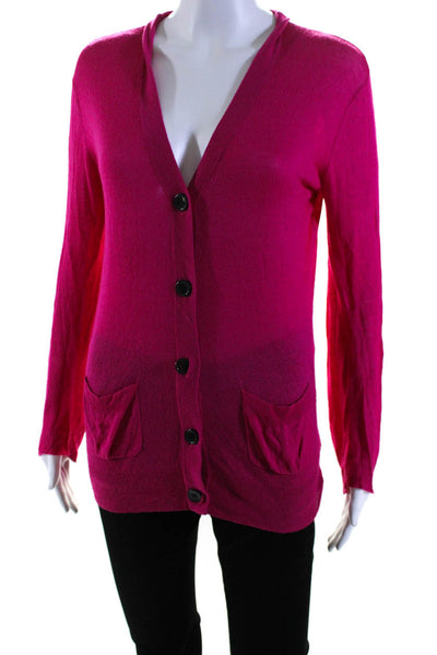 Adam Adam Lippes Womens Bamboo Button Down Cardigan Sweater Hot Pink Size Small