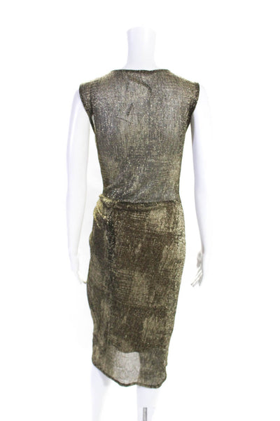 T Tahari Womens Sleeveless Crew Neck Metallic Knit Sheath Dress Gold Tone Small